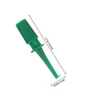 Green clip from 20 Pcs Colorful Test Clip Multimeter Probes Set for Electrical Testing Includes Red Green Blue Yellow Clips and Stable Grabbers for Digital Multimeters, shown with dimensions.