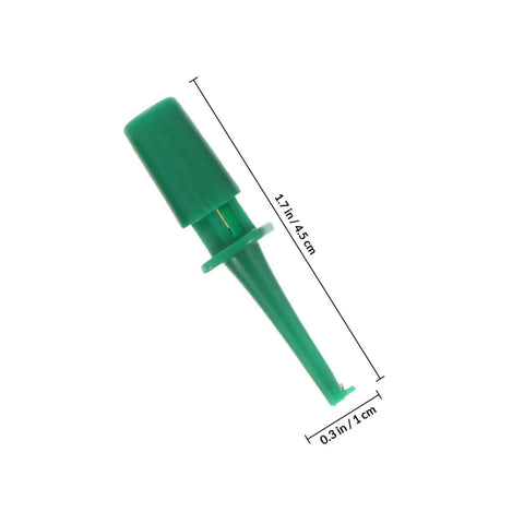 Green clip from 20 Pcs Colorful Test Clip Multimeter Probes Set for Electrical Testing Includes Red Green Blue Yellow Clips and Stable Grabbers for Digital Multimeters, shown with dimensions.