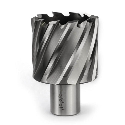 Annular cutter, 1-5/8 in diameter, Weldon 3/4 shank, metallic gray with spiral flutes