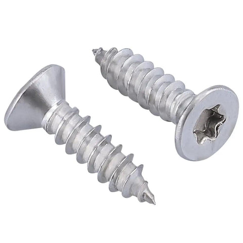 Number 6 X 3/4 Inch Flat Head Torx T15 Self Tapping Screws For Wood And Sheet Metal, 304 Stainless Steel, Pack Of 100.