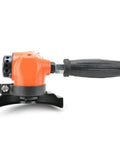 Heavy Workhorse 4 Inch Pneumatic Angle Grinder Pumping Out Serious High Torque Air Power Tool Built Tough For Assembly Lines And Auto Repair Crews Featuring Quick Disc Swap Plus Easy Toggle Direction Control side view showing orange body and black handle.