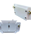 Adjustable Track Hinge For Track Saw Systems And MFT Style Workbenches, white plastic with screws, shown from multiple angles.