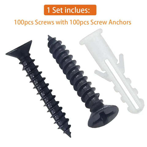 Black M4 Wood Screws Kit 100 Pcs Self Tapping Phillips Flat Head Drywall Screws Plus M6 Anchors