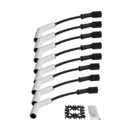 Get Your Classic Ride Looking Fresh With This 8 Piece Extreme Wire Sleeve Kit For GM LS And LT Engines Like LS2 LS3 LS4 LS7 That Fits Perfectly To Keep Your Spark Plug Wires Shiny Black And Ready For The Drag Strip. 8-piece black wire sleeve kit with white heat guards and black loom clips