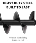 Side view of black steel 4x12 inch garden auger drill bit for planting bulbs; hex shank.