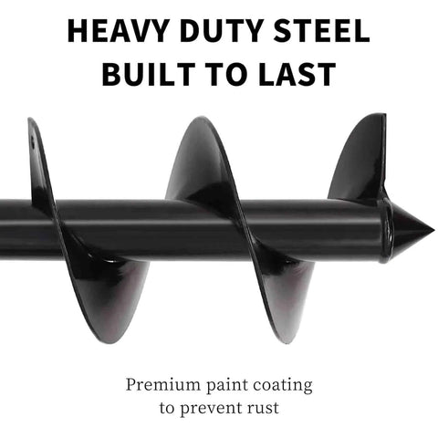 Side view of black steel 4x12 inch garden auger drill bit for planting bulbs; hex shank.