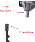 Beefy Heavy Duty Auger Adapter Converter 1.5 Inch Female Round To 2 Inch Male Hex Shaft Attachment showing coupling details.