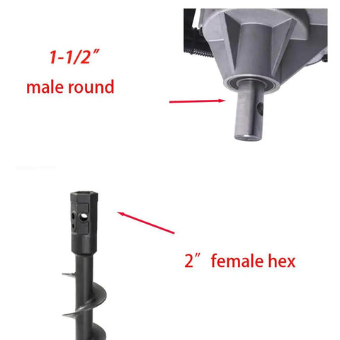 Beefy Heavy Duty Auger Adapter Converter 1.5 Inch Female Round To 2 Inch Male Hex Shaft Attachment showing coupling details.