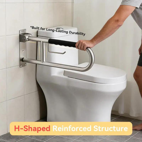 Real Deal 32 Inch Flip Up Toilet Safety Handle In Brushed Nickel Featuring Built In Paper Dispenser and Anti Slip Rubber Knobs Beefy 304 Stainless Steel Construction For Dependable Handicap Assistance And Wheelchair Accessible Restroom Design with H-shaped support by toilet.