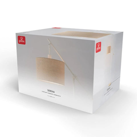 Packaging of Serena 66 Inch Floor Lamp With Matte White Finish Faux Wood Accents And Natural Jute Shade Adjustable Arm Dimmable Rotary Socket