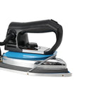 No Sweat Commercial Steam Iron With Four Liter Tank Pro Grade Industrial Steamer For Garment Shops And Hotels, side view with handle and steam outlet.