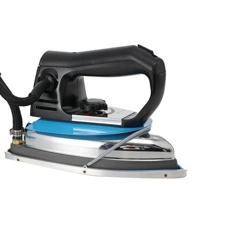 No Sweat Commercial Steam Iron With Four Liter Tank Pro Grade Industrial Steamer For Garment Shops And Hotels, side view with handle and steam outlet.