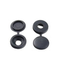 Fifty Pack Plastic Screw Cover Set Delivers Knockout Finish For Furniture And DIY Builds No Sweat Setup Universal Fit Hidden Fastener Caps close-up of black snap-on caps for covering screws.