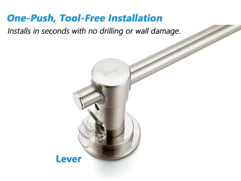 Close-up of 24 Inch Suction Cup Towel Bar No Drill Install For Smooth Surfaces Only Brushed Nickel Finish Easy Mount mechanism.