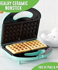 Electric Waffle Maker And Panini Press With Ceramic Nonstick Plates, Turquoise, PFAS Free, Open With Cooked Waffles On Counter