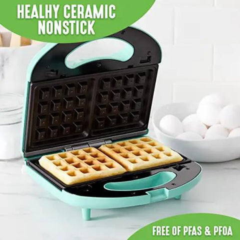 Electric Waffle Maker And Panini Press With Ceramic Nonstick Plates, Turquoise, PFAS Free, Open With Cooked Waffles On Counter