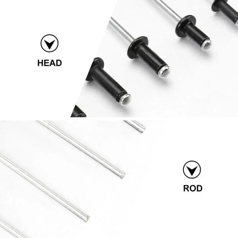 Black Aluminum Blind Rivets Set With Smooth Burr Free Pull Rods In M3.2 M4 And M2.4 showing head and rod detail
