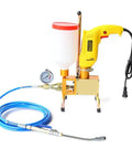 Electric greasing tool with yellow handle, pressure gauge, blue hose, and nozzle for industrial equipment lubrication.