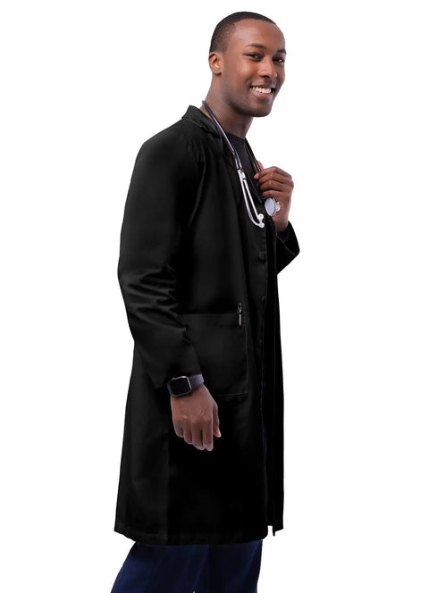 Sturdy Unisex Lab Coat, Classic 39 Inch Length, Pro Grade Medical Gear for Nurses and Doctors, Black, worn by model