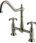 French Country Bridge Kitchen Faucet In Polished Brass With Solid Brass Construction And Ceramic Disc Cartridge One Quarter Turn Spout Reach Nine And One Sixteenth Inches Clearance Nine And Five Eighths Inches Two Hole Eight Inch Center Install, side view