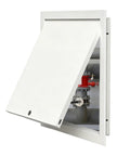 Solid Aluminum Access Panel With Key Lock For Drywall And Ceilings, open view showcasing plumbing access inside.
