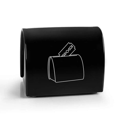 Blade Disposal Case For Used Safety Razor Blades A Steel Safe Storage Bank That Holds Up To 300 Blades With Removable Bottom Compact Countertop Organizer, black with white icon
