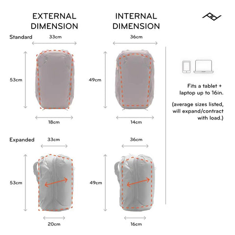 Dimensions of Go To Travel Backpack 45L Expandable From 35L To 45L With Weatherproof Shell, showing external and internal sizes.