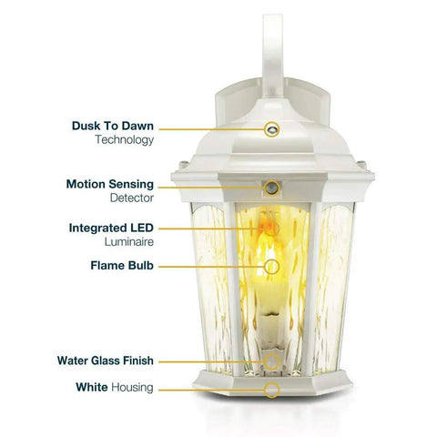 Lit Flickering Flame Lantern With Frosted Glass And Integrated Security Light 3000K Warm Glow Photocell And Motion Sensor Dusk To Dawn