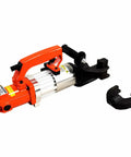 Buy This Electric Hydraulic Rebar Bender Tool For Heavy Duty Jobs On Construction Sites Or Diy Projects Bend Up To 1 Inch Steel Bars With Ease Using Portable Machine Features Aluminum Body And Powerful Motor Perfect For Professionals. Image shows a heavy-duty red and silver electric hydraulic rebar bender with additional bending attachments.