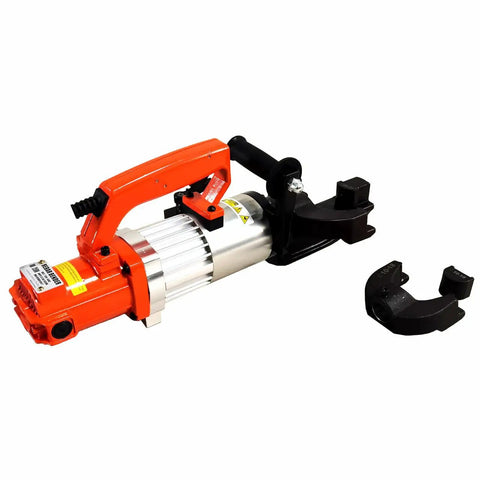 Buy This Electric Hydraulic Rebar Bender Tool For Heavy Duty Jobs On Construction Sites Or Diy Projects Bend Up To 1 Inch Steel Bars With Ease Using Portable Machine Features Aluminum Body And Powerful Motor Perfect For Professionals. Image shows a heavy-duty red and silver electric hydraulic rebar bender with additional bending attachments.