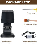 Package list for 58 Millimeter Automatic Espresso Tamper featuring machine, hex key, cleaning brush, and power supply.