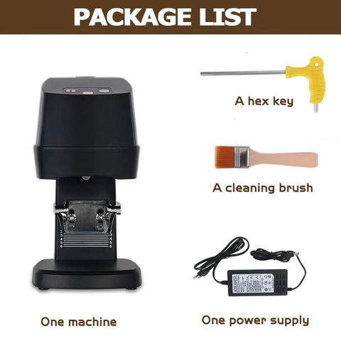 Package list for 58 Millimeter Automatic Espresso Tamper featuring machine, hex key, cleaning brush, and power supply.