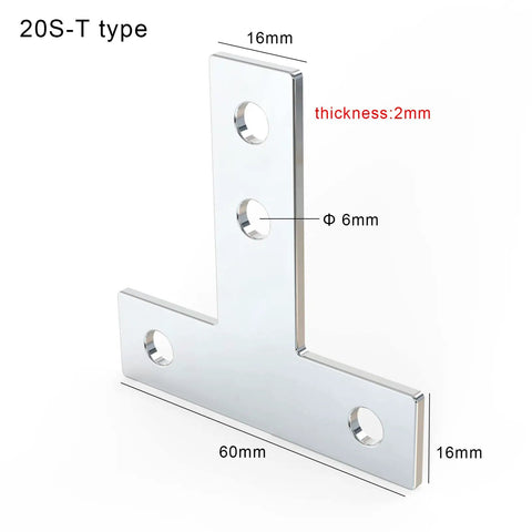 10 Set T Bracket Kit For 6mm T Slot Aluminum Profiles With 40 M5 T Slot Nuts And 40 M5x8mm Stainless Hex Socket Cap Screws Built Tough Pro Grade Aluminum Extrusion Connector Brackets And Corner Brace Plates, 20S-T type 16mm x 60mm flat corner brace plate
