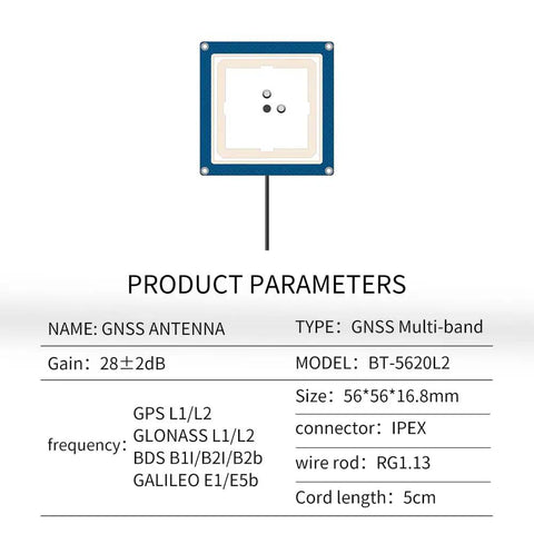 Plug And Play High Precision GNSS Antenna BT 5620L2 for RTK GIS and unmanned vehicles specifications chart.