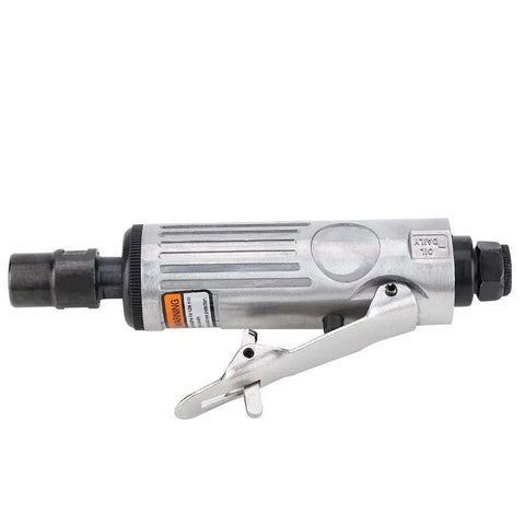 Top Tier 25000 Rpm Air Die Grinder Kit With Quick Chuck And 16 Piece Set side view showing metallic body and throttle lever.