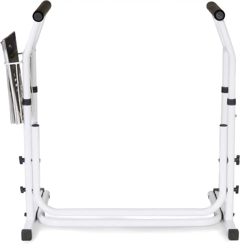 FSA HSA Eligible Sit And Rise Bathroom Safety Frame With Height Adjustable Toilet Rail And Commode Grab Bar in white.