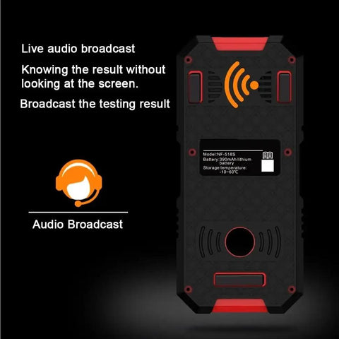 Heavy Duty Wall Scanner With Digital Depth Gauge And Hella Accurate Live Wire Detection For Drywall Installation rear view with audio broadcast feature.