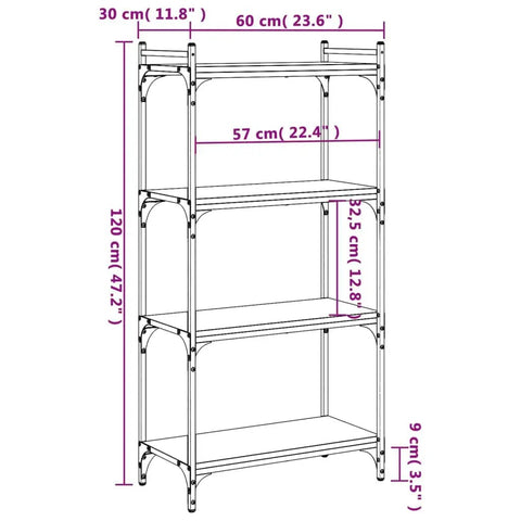 Diagram of Industrial Style Four Shelf Bookcase with Matte Black Finish and Height Adjustable Shelves, engineered wood, 11.8x23.6x47.2 in