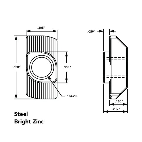 Technical drawing of Drop In T Nut With Quarter Twenty Thread For Aluminum Extrusion Hardware Fits 40 Series 1515 1530 Steel With Zinc Finish
