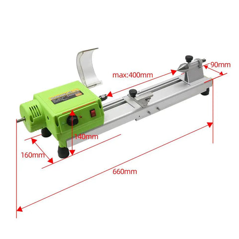 Dope Compact Benchtop Wood Lathe With Variable Speed For DIY Makers in green, dimensions marked for small wood projects.