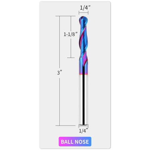Quarter Inch Shank Carbide Ball Nose End Mill Set, Five Piece CNC Router Bits For Side Milling, End Milling, And Finish Machining With Nano Blue Coating