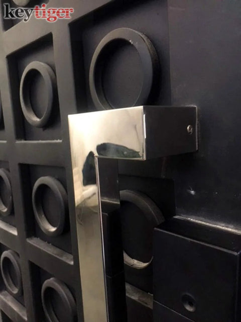 12 Inch Stainless Steel Offset Matte Black Door Handles Modern Pulls For Exterior And Interior Sliding Doors Glass Doors Barn Doors And Commercial Use Heavy Duty Entrance Handles With A 1 Foot Rectangular Bar installed on door