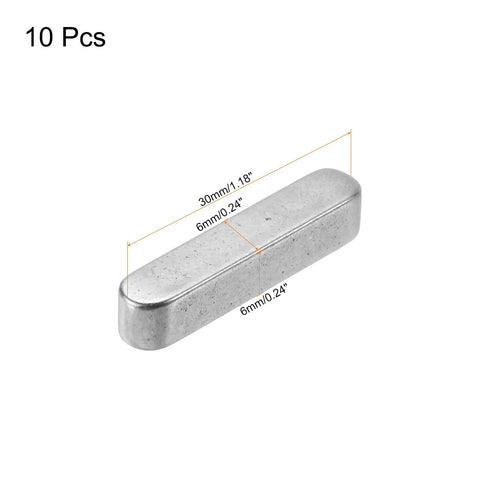 Round Ended Feather Keys Set, 10 Pcs Stainless Steel Key Stock 6 x 6 x 30mm displayed with measurements