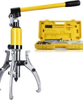 Heavy Duty Hydraulic Gear Puller And Bearing Hub Separator Tool With Easy Peasy Jaw Adjustment Rock Solid Steel Build 5 To 20 Ton Pulling Power, yellow tool with carrying case.