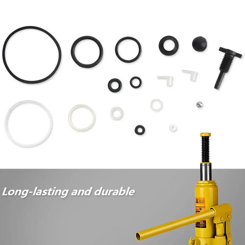 2 Ton Vertical Hydraulic Bottle Jack Repair Kit With Oil Seal And O Ring Replacement Parts displayed with jack