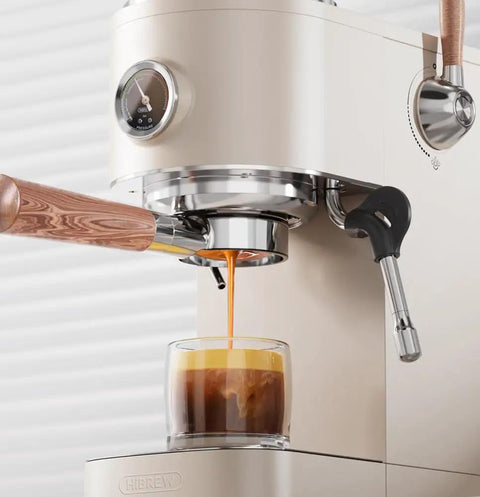 Slick Dual Boiler Semi Automatic Espresso Machine With Built In Grinder And Cold Brew Function 20 Bar Pressure 2100 Watt Motor brewing espresso.