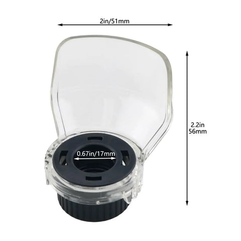 Front view of 2 Pack Transparent Rotating Tool Guard Safety Dust Cover Set, clear plastic, 51mm wide, fits 17mm threads.