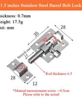 1.5 inches Stainless Steel Slide Barrel Bolt 4 Pack for Gates Cabinets Windows Fences with dimensions displayed.