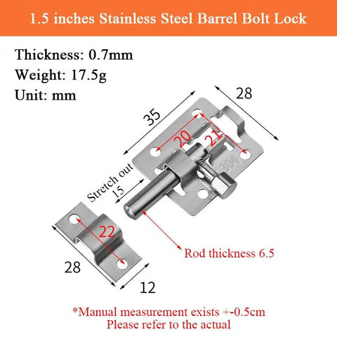 1.5 inches Stainless Steel Slide Barrel Bolt 4 Pack for Gates Cabinets Windows Fences with dimensions displayed.