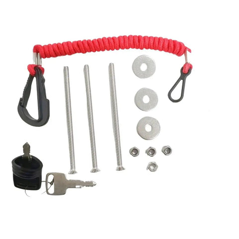 Side Mounted Remote Throttle Control Box For Outboard Engine 4 Stroke 14 Pin With 5 Meter Harness And Power Trim Switch Key Switch Included Black Durable Marine Grade Construction components with red lanyard and key.